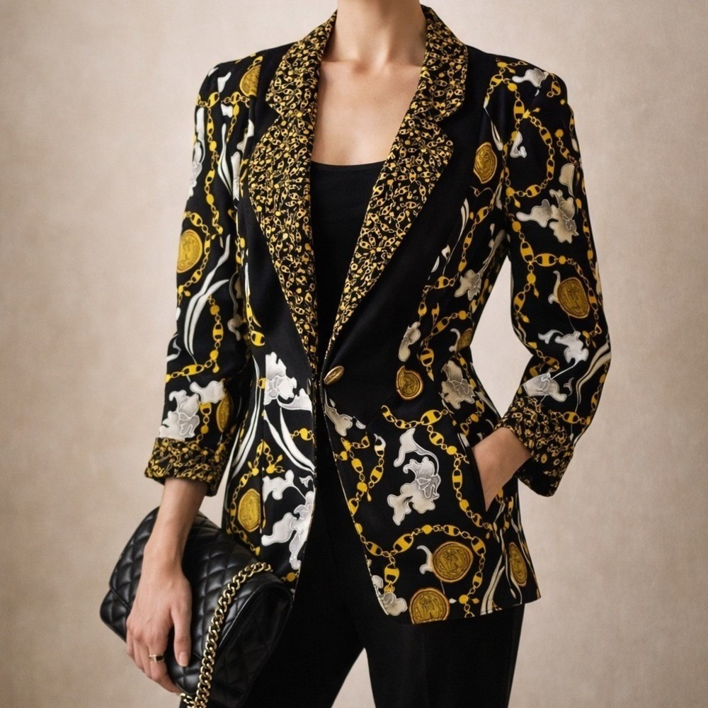 Vintage Style Baroque Chain Coin Print Open Front Blazer Gold Black White